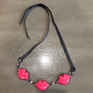 Betsey Johnson Pink Lips  Tie Black Ribbon Necklace